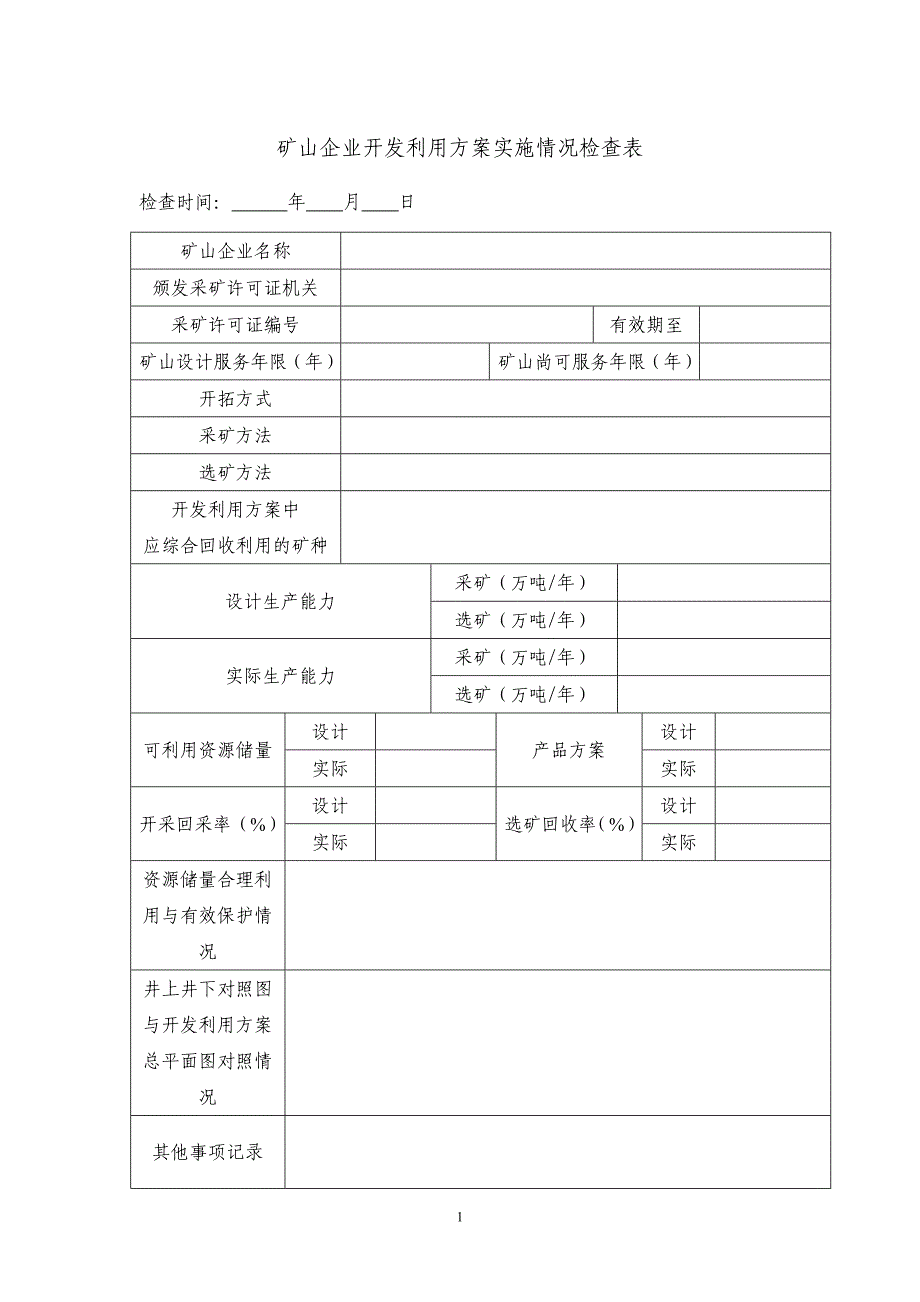 矿山企业开发利用方案实施情况检查表_第1页