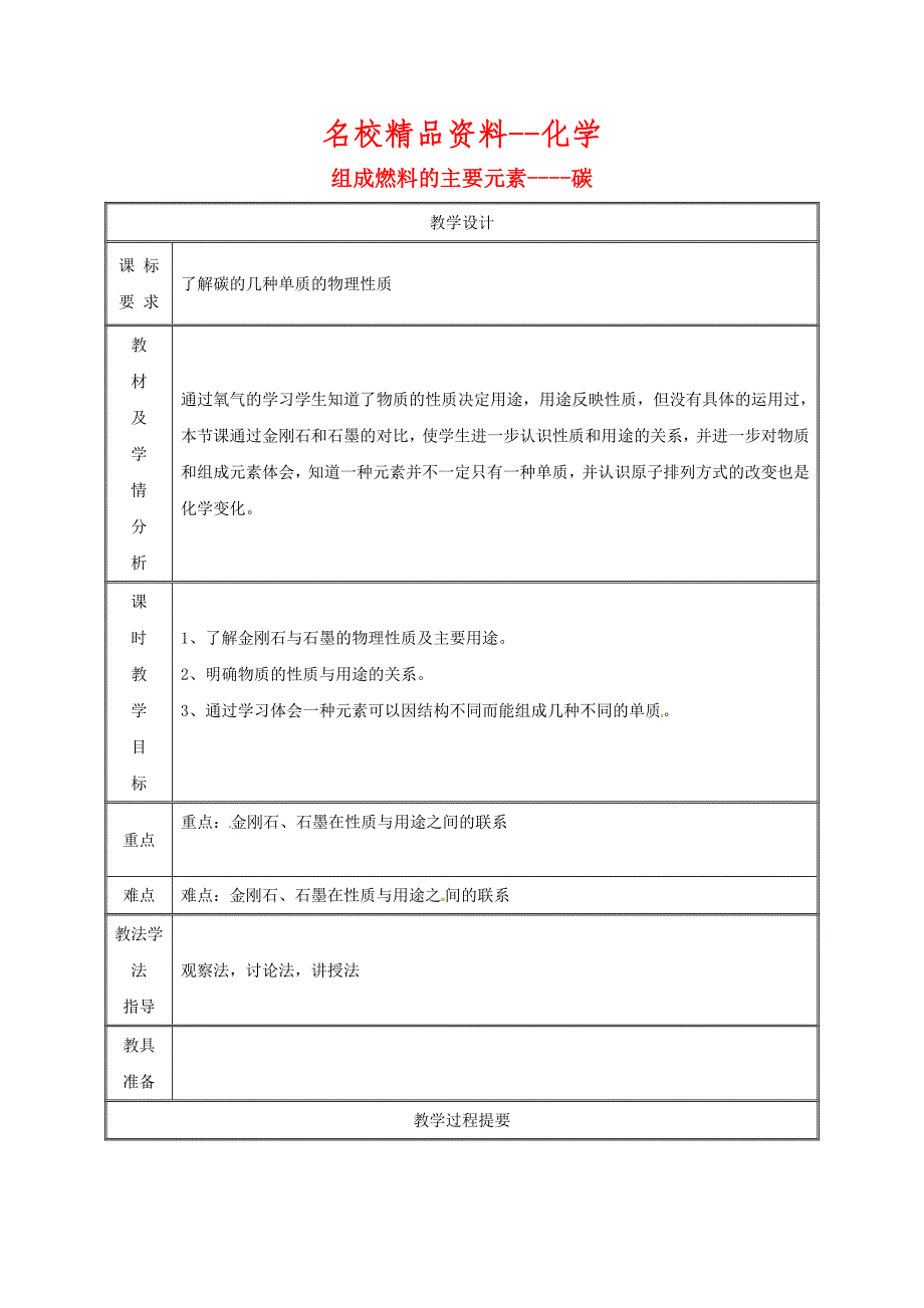 【名校精品】九年级化学上册第五章燃料5.2组成燃料的主要元素碳第1课时教案粤教版_第1页