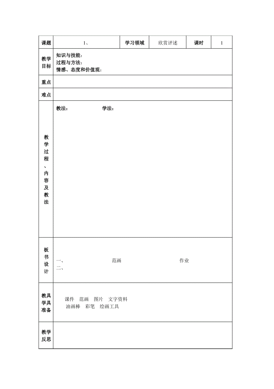 小学美术电子备课教案模板_第1页