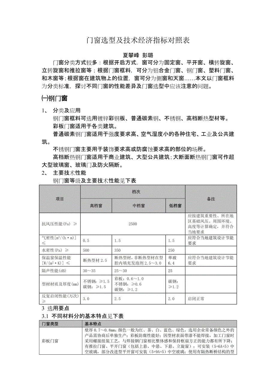 门窗选型及技术经济指标对照表.doc_第1页