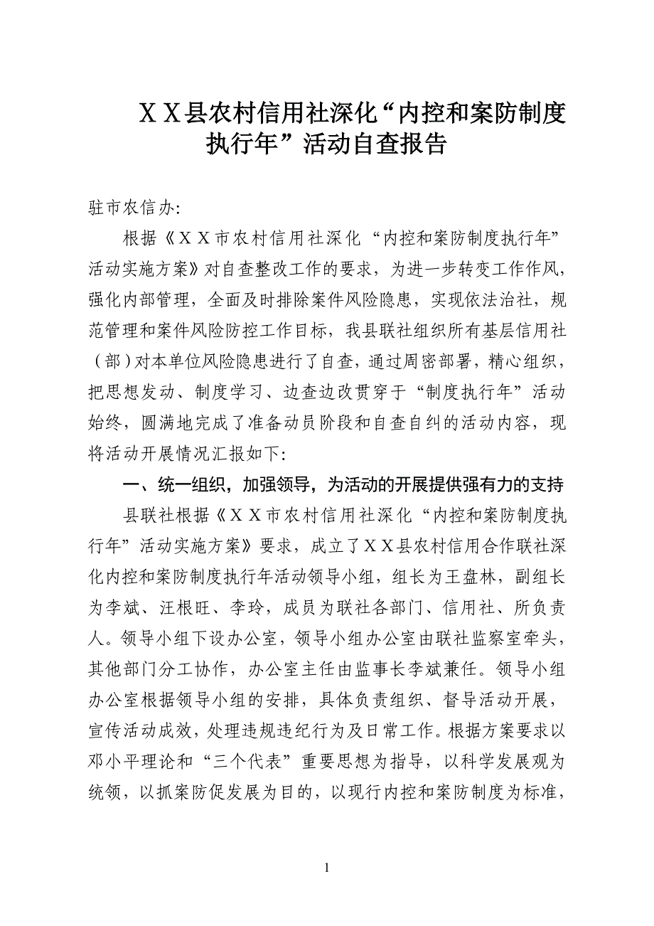 农村信用社深化“内控和案防制度执行年”活动自查报告_第1页