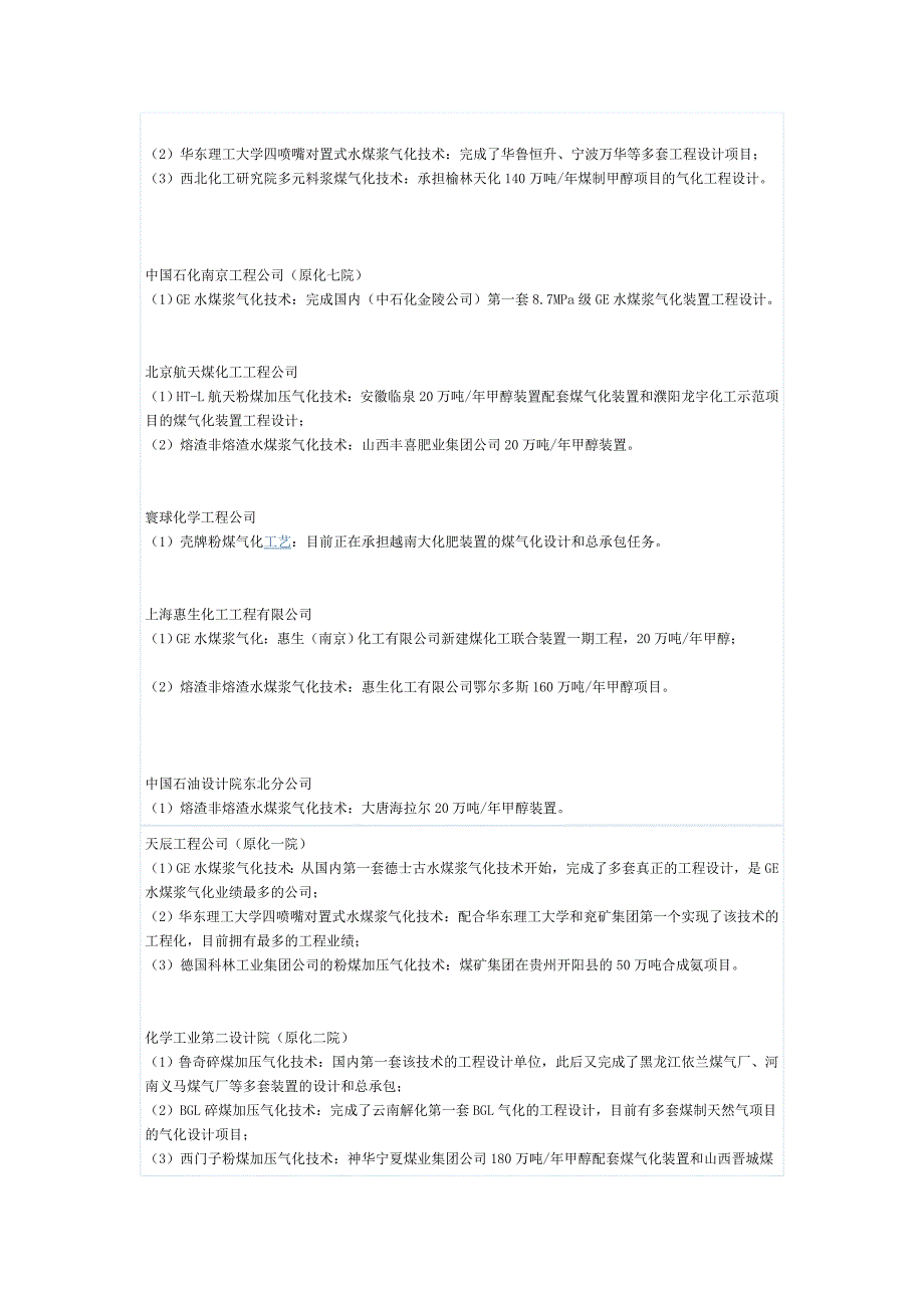 国内各主要工程公司在主要煤气化技术上的工程业绩_第2页