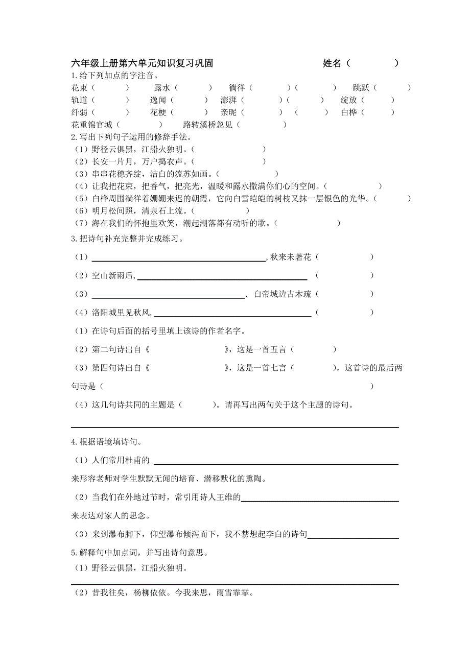 六年级上册l第六单元知识复习巩固_第1页