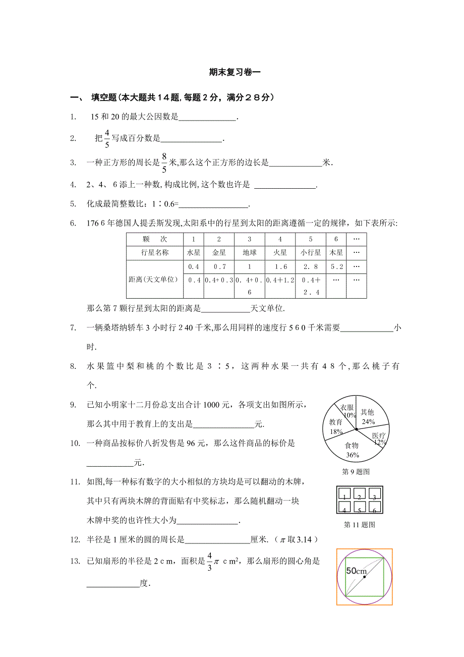 浦东新区第一学期期末质量抽测六年级数学试卷_第1页