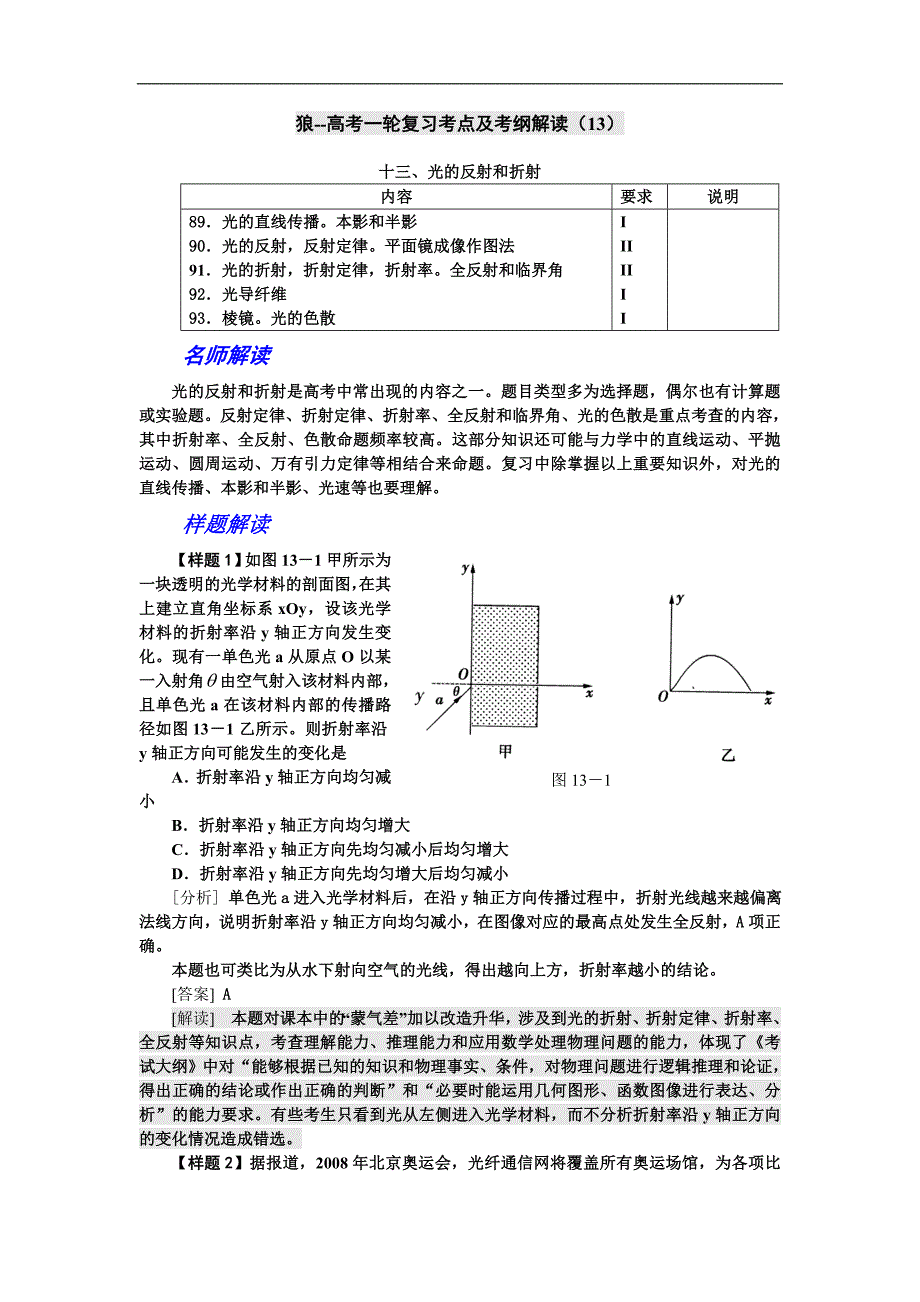 高考物理第一轮考点及考纲解读和复习题13(光的反射和折射).doc_第1页