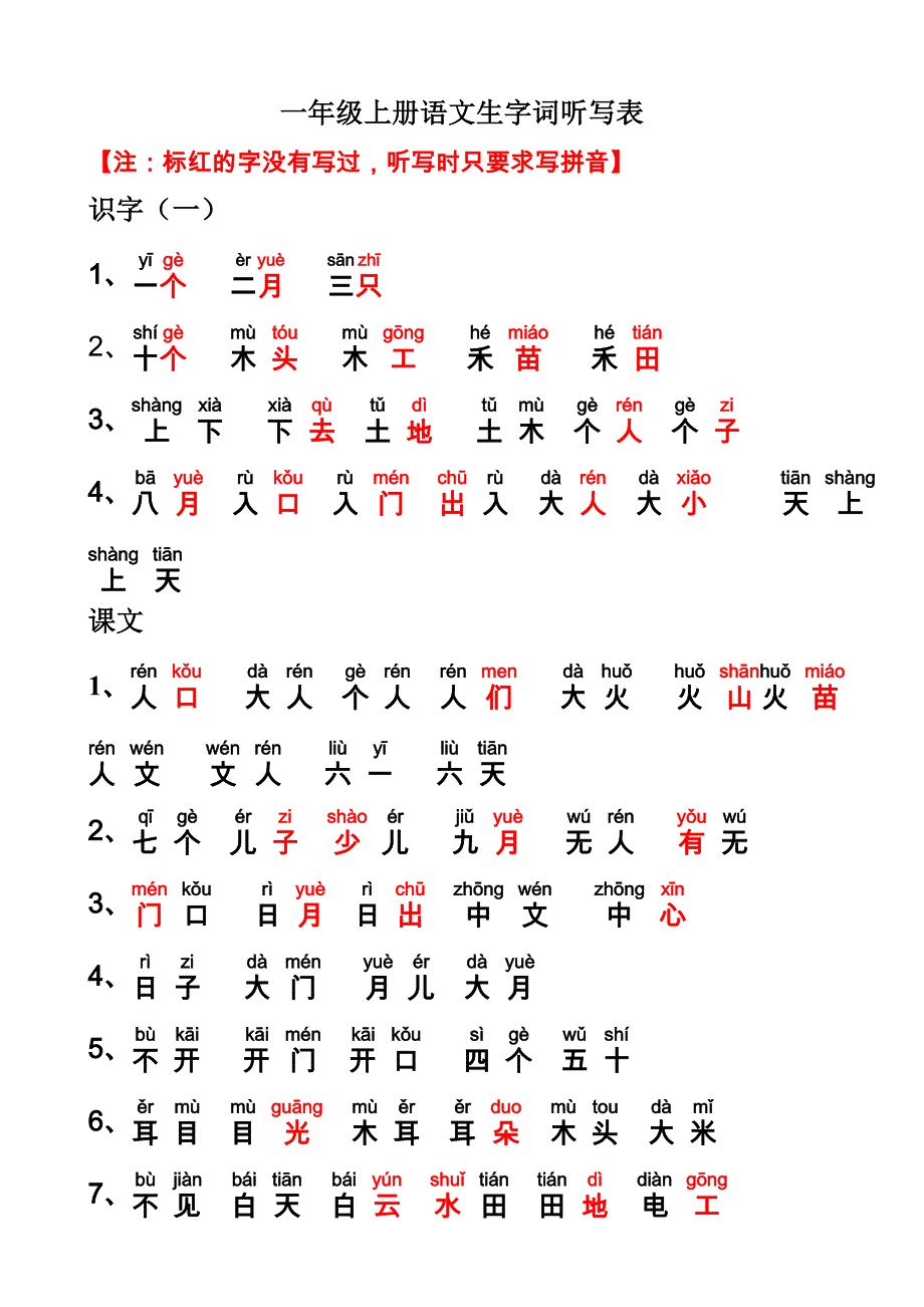 一年级上册听写词语表_第1页