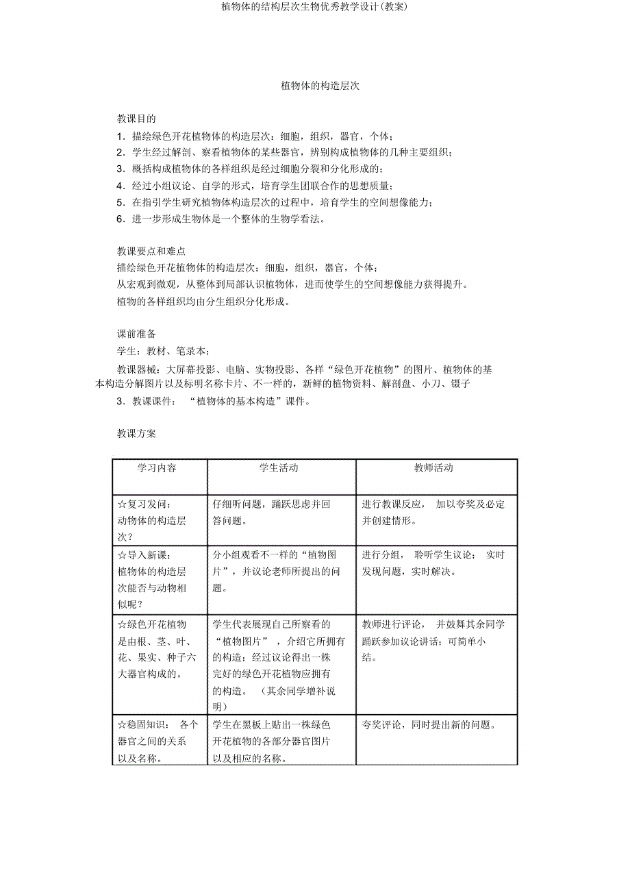 植物体结构层次生物教学设计(教案).doc_第1页