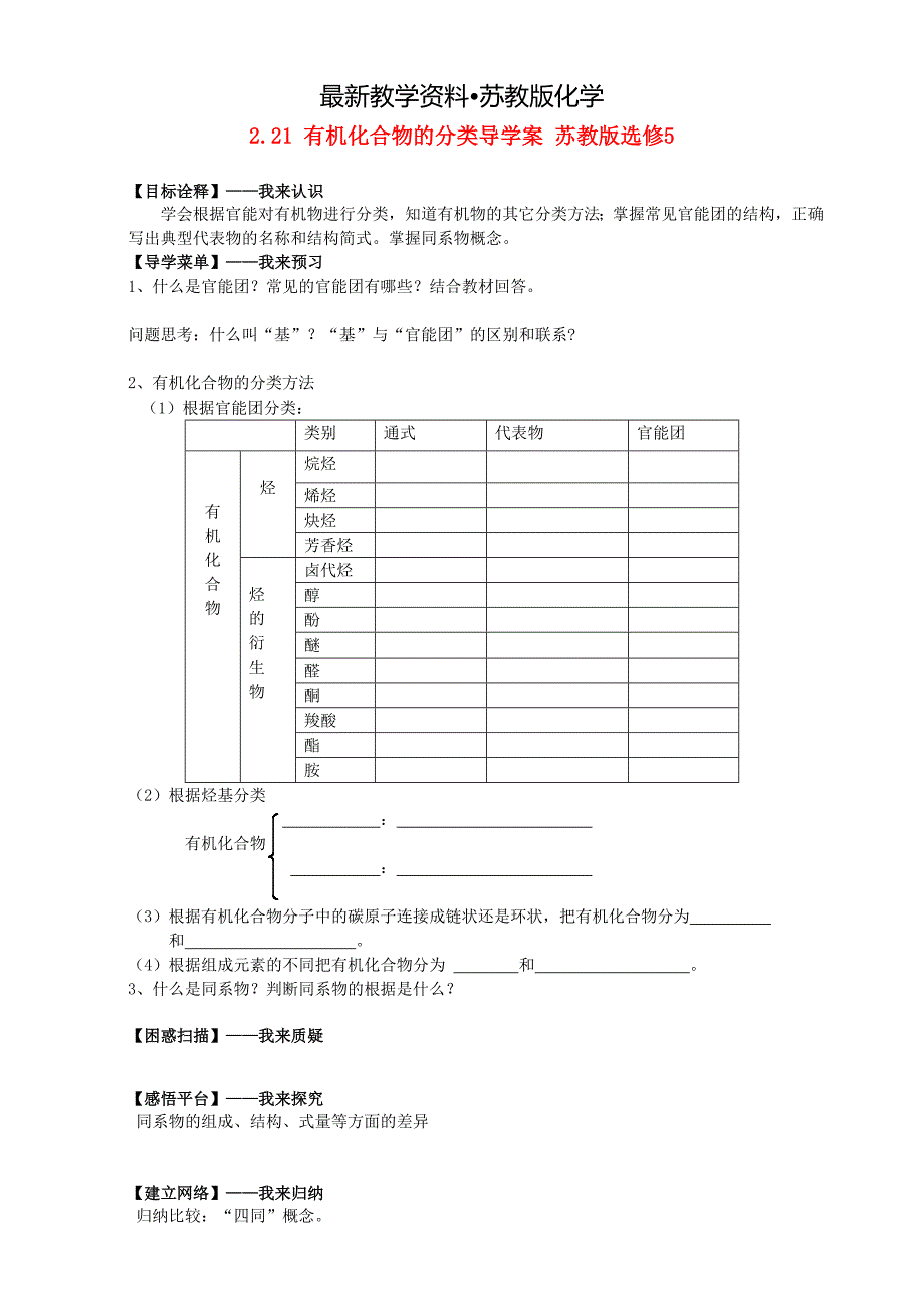 【最新资料】高二化学导学案：专题二 有机化合物的结构与性质 2.21有机化合物的分类苏教版选修5 Word版_第1页