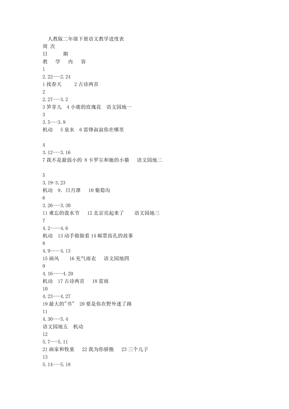 人教版二年级下册语文教学进度表_第1页