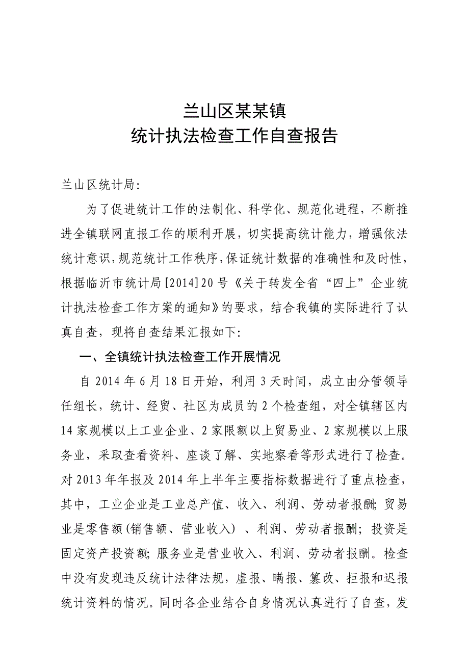 兰山区某某镇统计执法工作自查报告_第1页