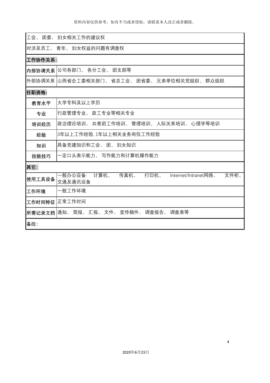 党群工作部干事职务说明书_第4页