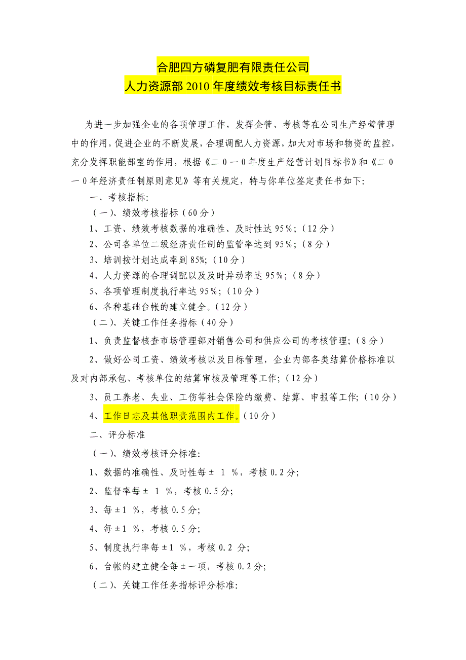 003-合肥某公司人力资源部2010年度绩效考核目标责任书(DOC 50页)_第1页