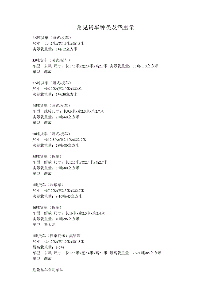 常见货车种类及载重量-货车级别及载重量_第1页