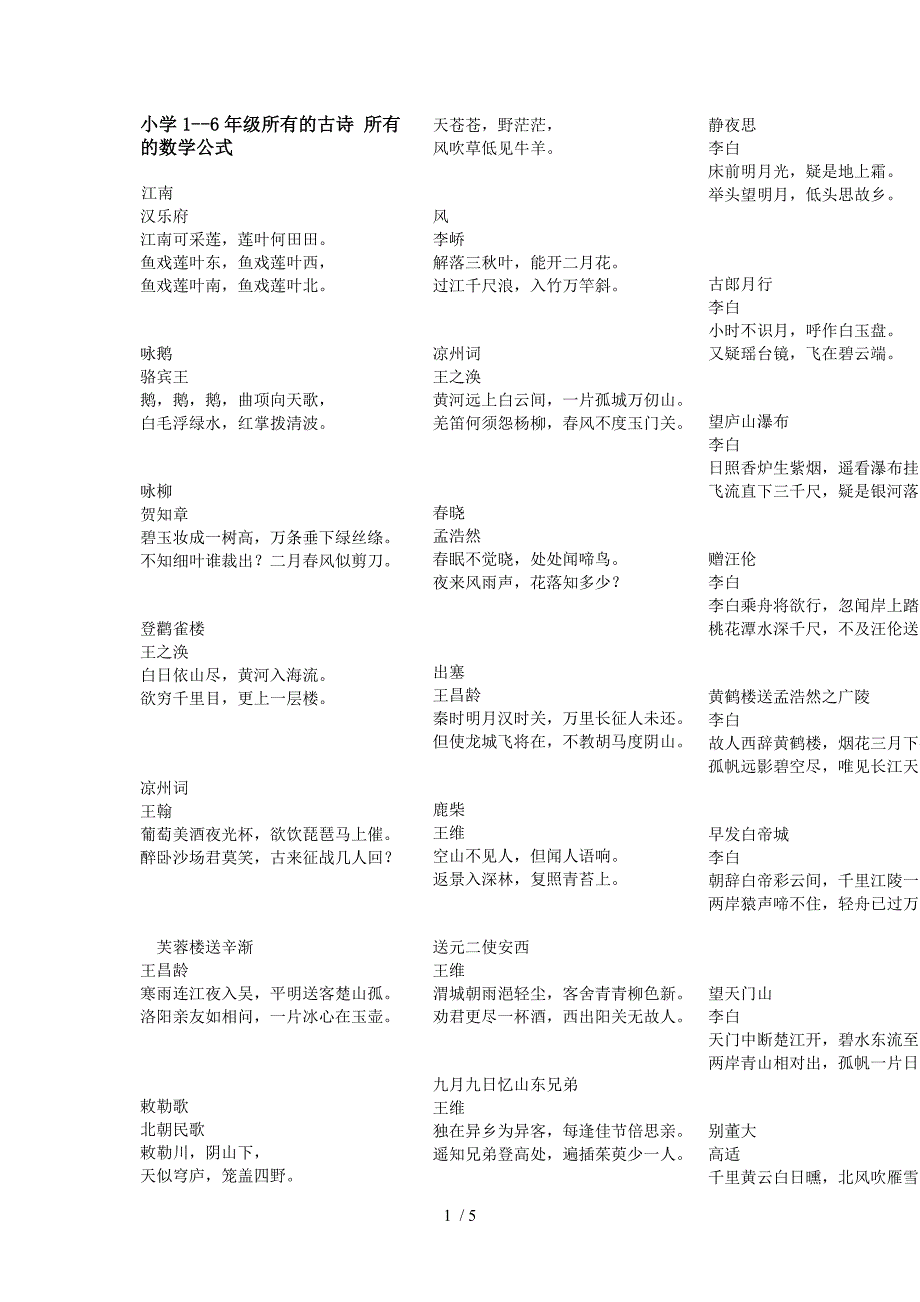 小学1-6年级所有的古诗所有的数学公式_第1页