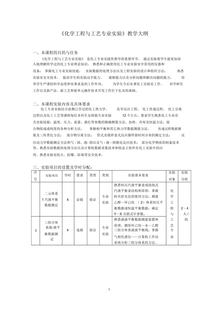 化工专业实验教学大纲(新)_第1页