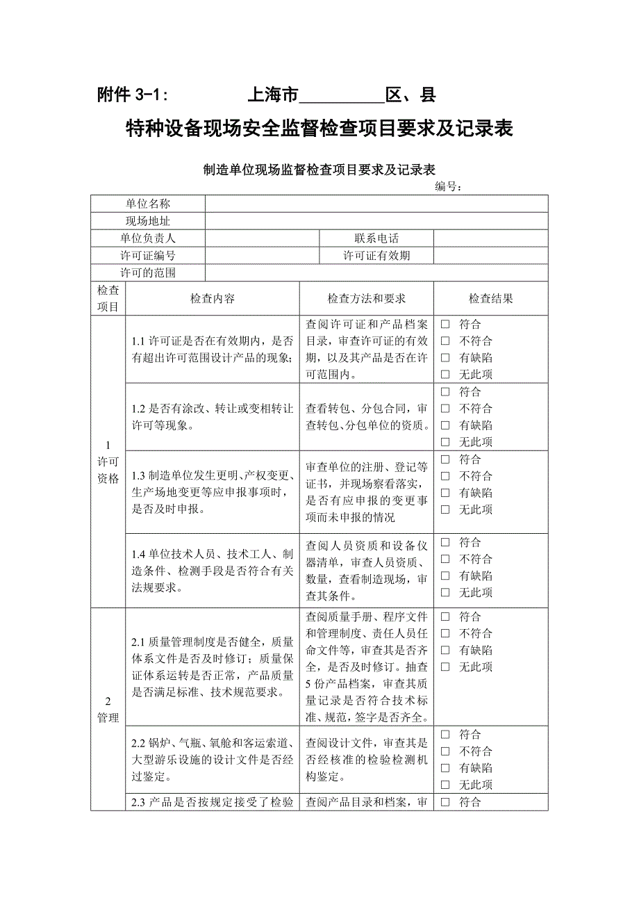 特种设备现场安全监督检查项目要求及记录表_第1页