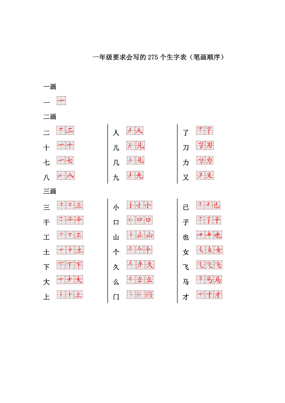 一年级要求会写的275个生字表(笔画顺序).doc_第1页