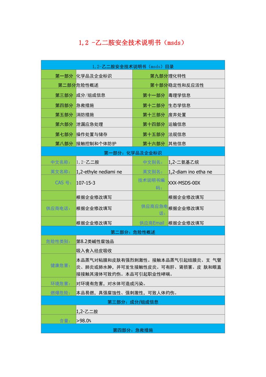 12-乙二胺安全技术说明书(msds)_第1页