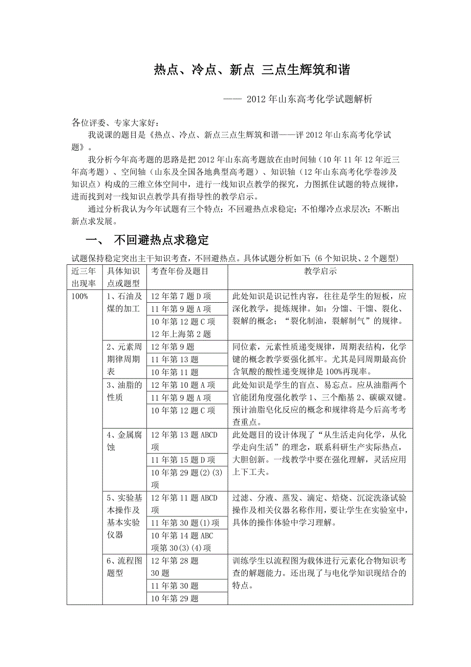 2012高考化学说课稿平原一中曹长庆.doc_第1页