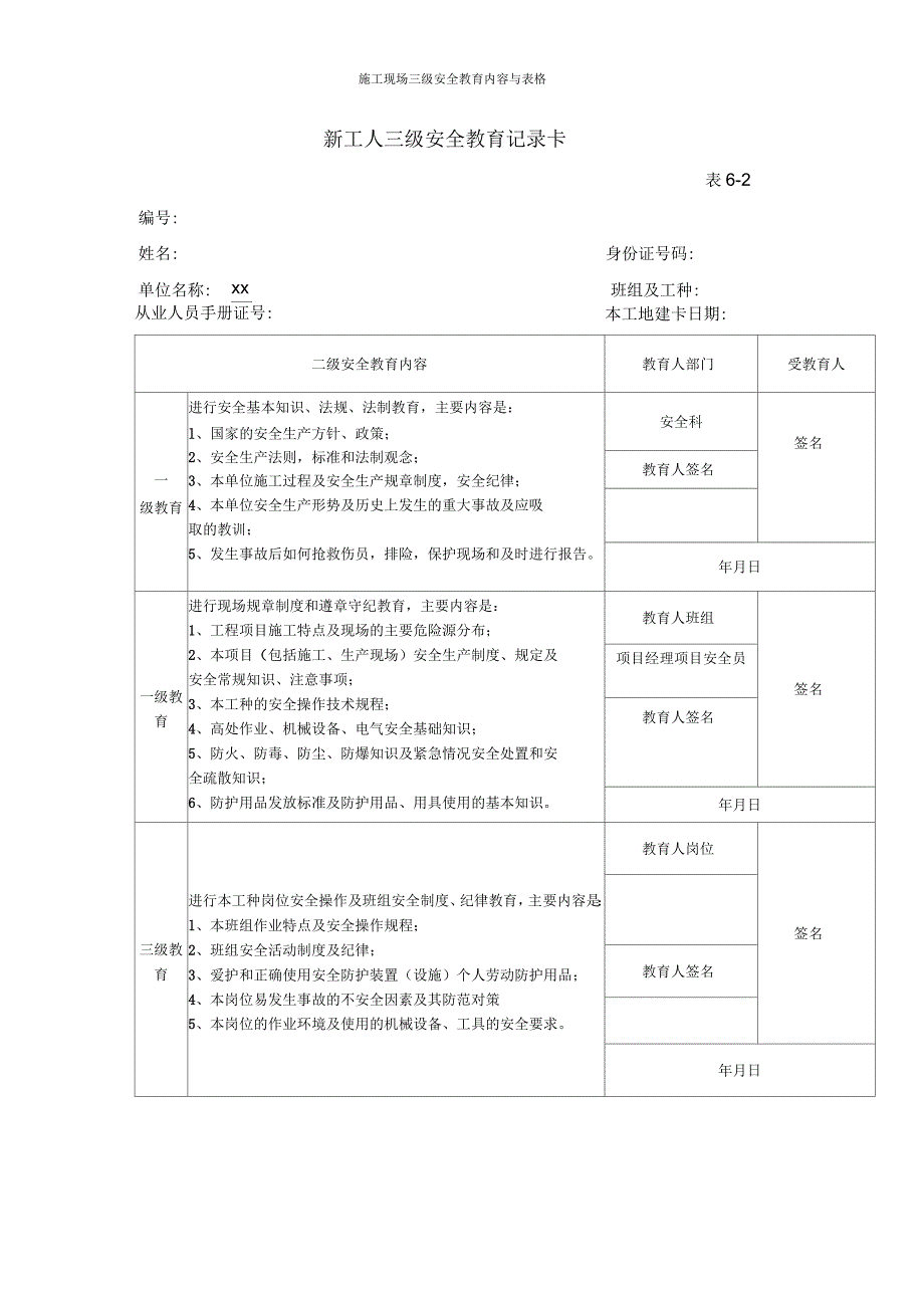 施工现场三级安全教育内容与表格_第1页