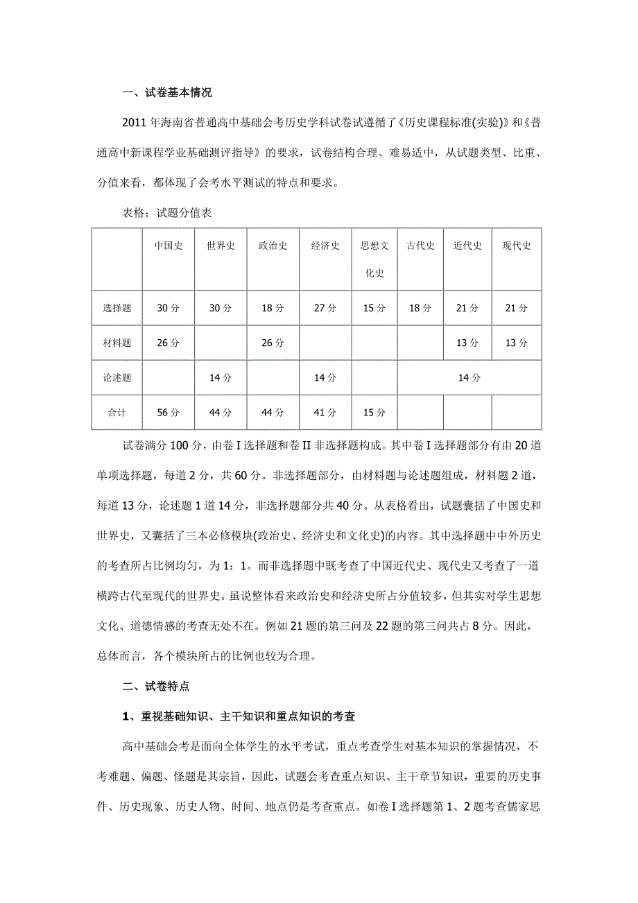 2011年海南省普通高中基础会考历史学科试卷分析_第1页