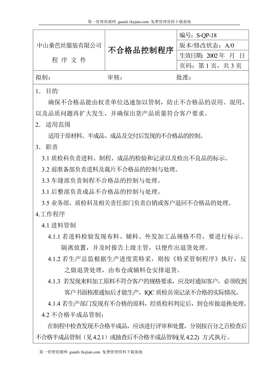 服装公司制度管理范例不合格品控制程序_第1页