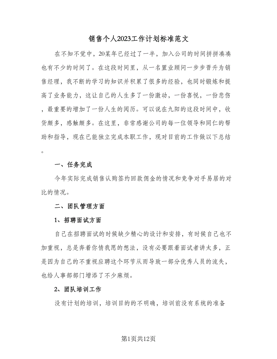 销售个人2023工作计划标准范文（四篇）_第1页