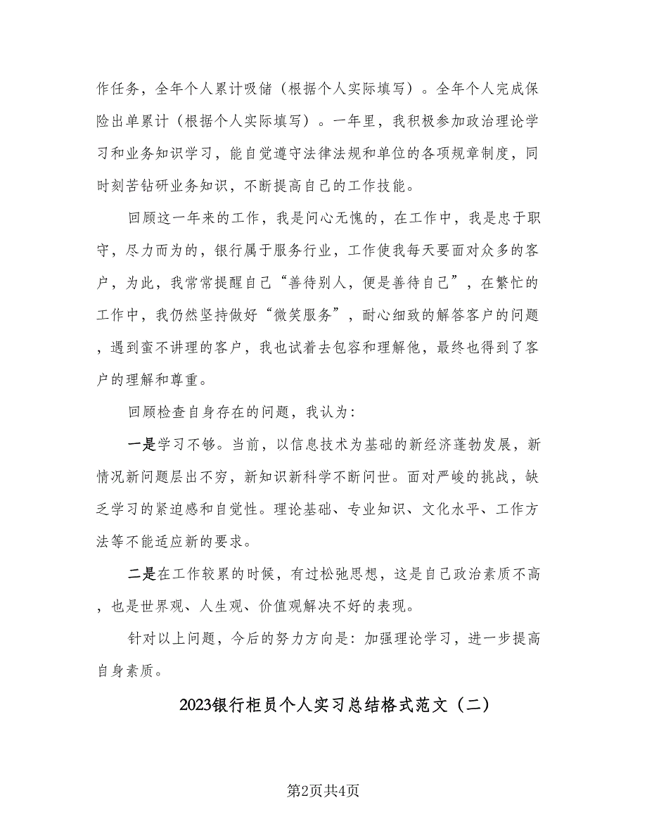 2023银行柜员个人实习总结格式范文（二篇）.doc_第2页