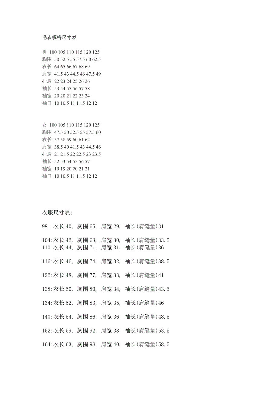 毛衣规格尺寸表_第1页