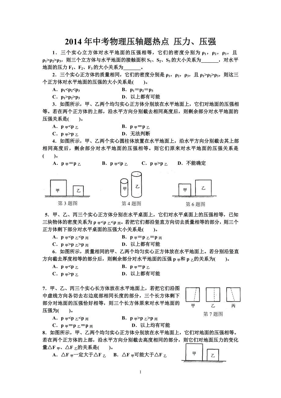 2014年中考物理压轴题热点 压力_第1页