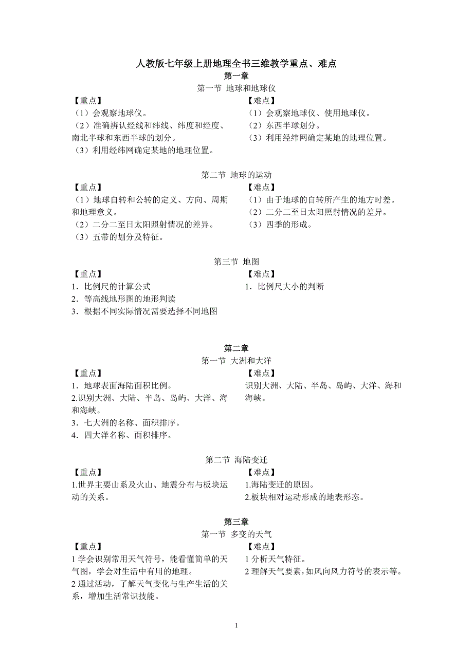 七年级上册全书教学重难点及三维目标概括.doc_第1页