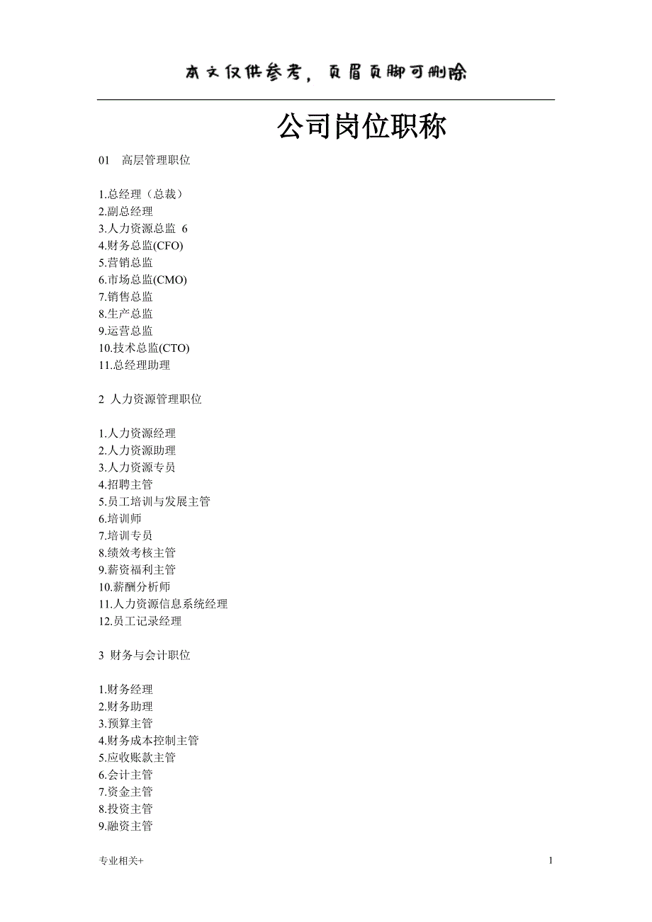 公司岗位职称行业文书_第1页