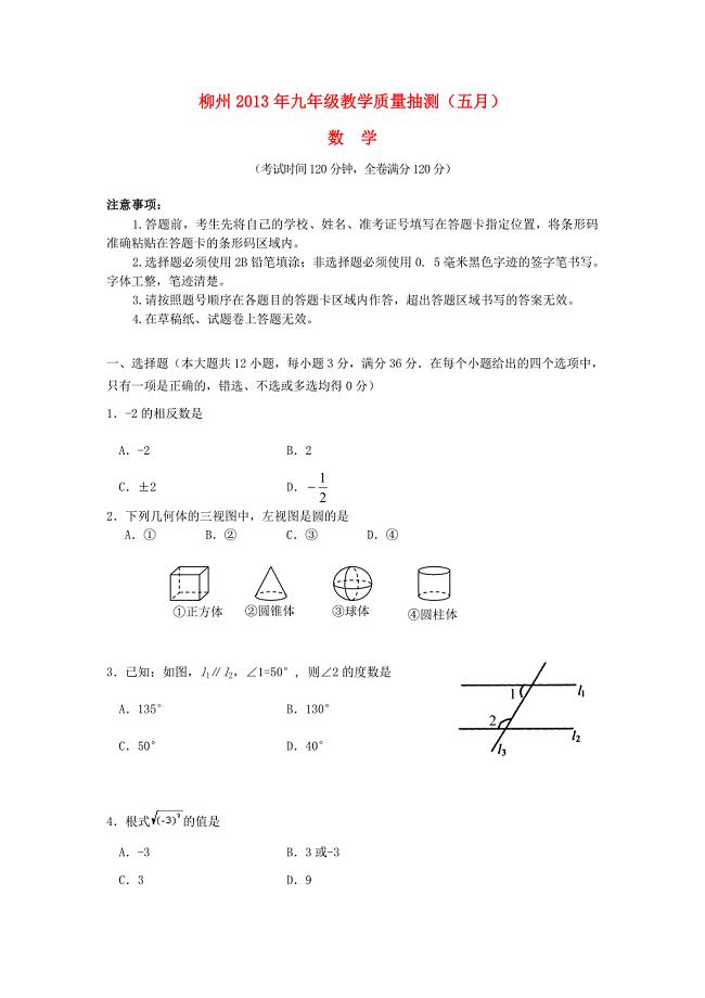 广西柳州市2013届九年级数学5月教学质量抽测试题