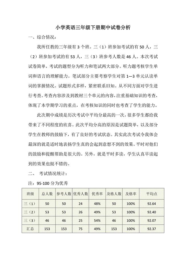 小学英语下册期中考试试卷分析.docx