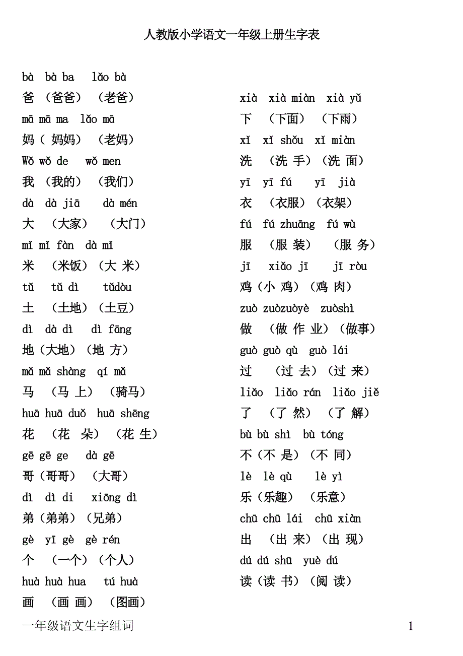 人教版语文一年级上全部生字组词加拼音_第1页
