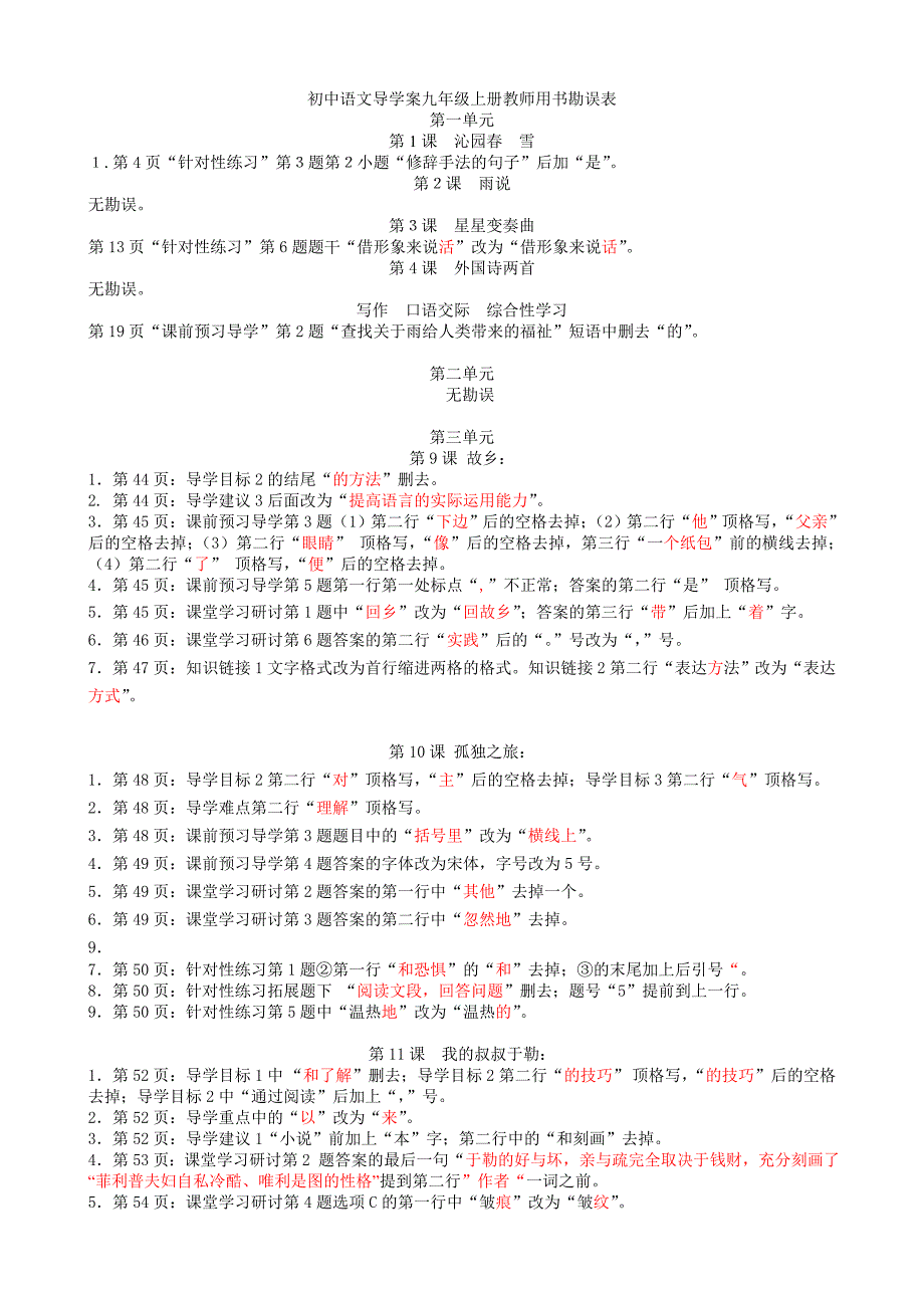 初中语文导学案九年级上册教师用书勘误表.doc_第1页