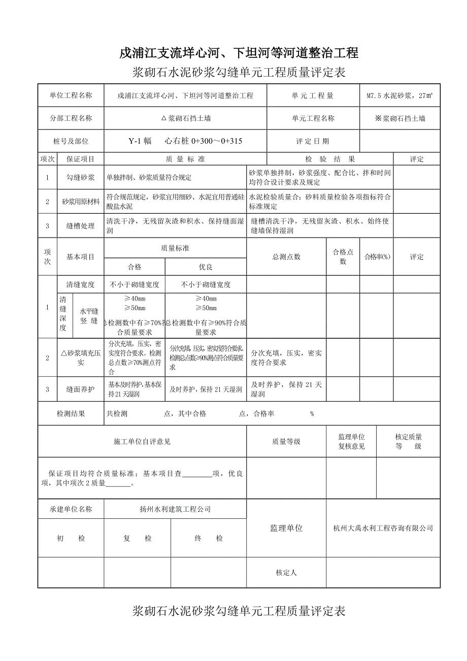 浆砌石水泥砂浆勾缝单元工程质量评定表.doc_第1页