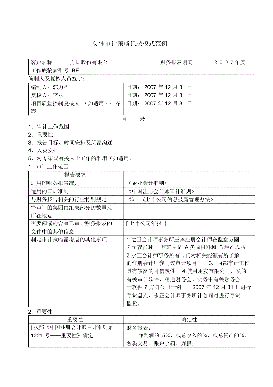 总体审计策略记录模式范例_第1页