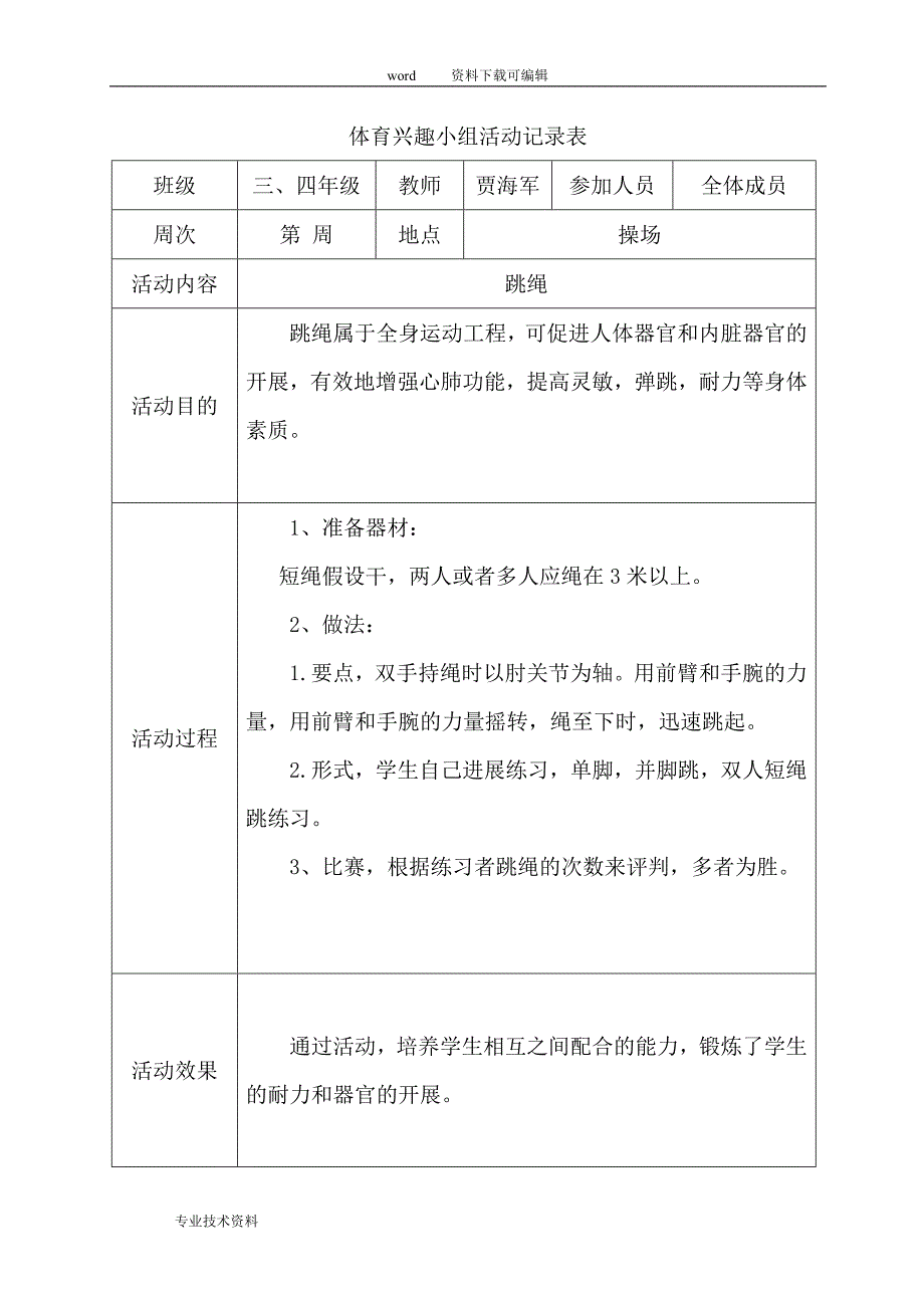 体育兴趣小组活动记录表_第1页