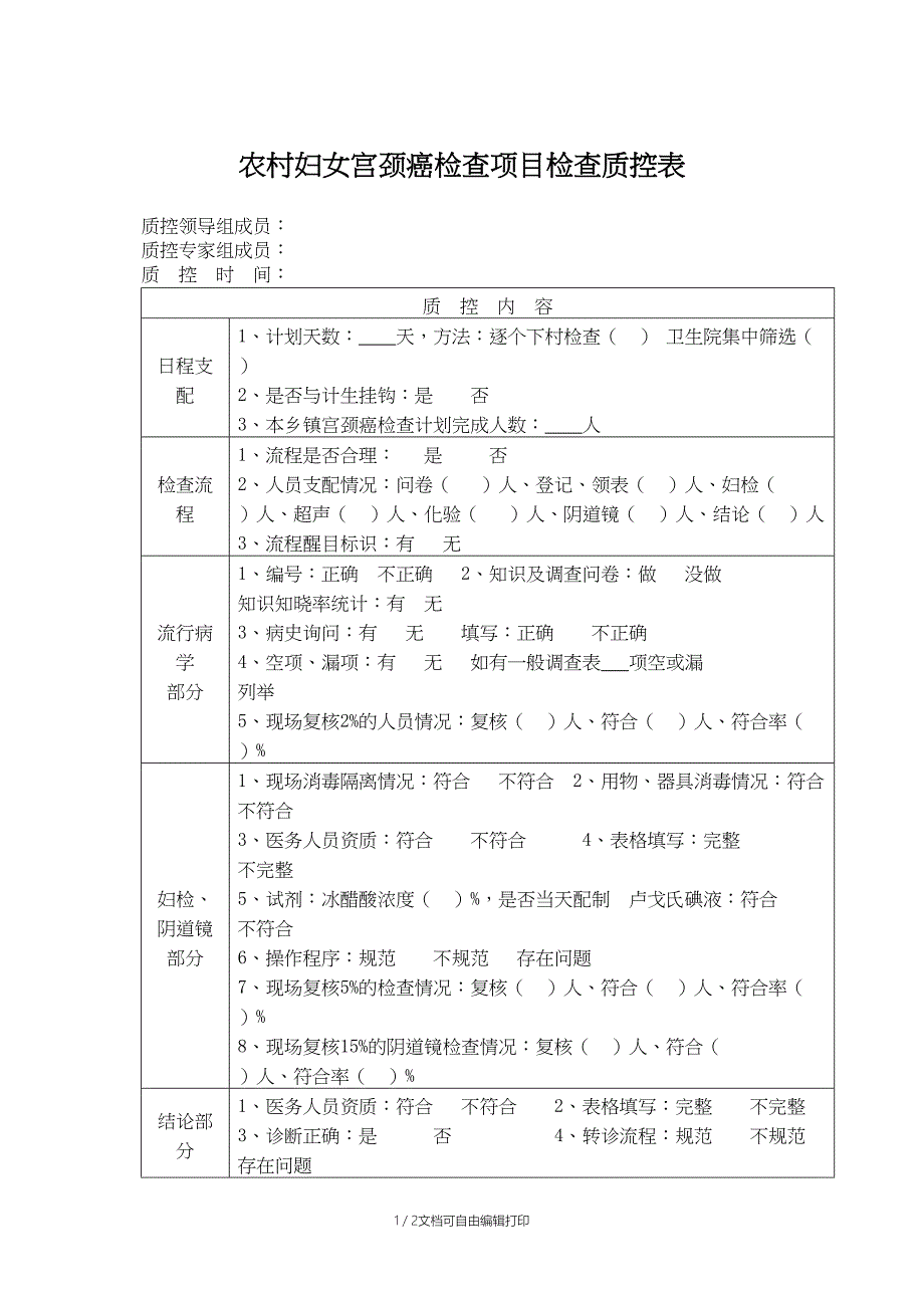 农村妇女宫颈癌检查项目检查质控表_第1页