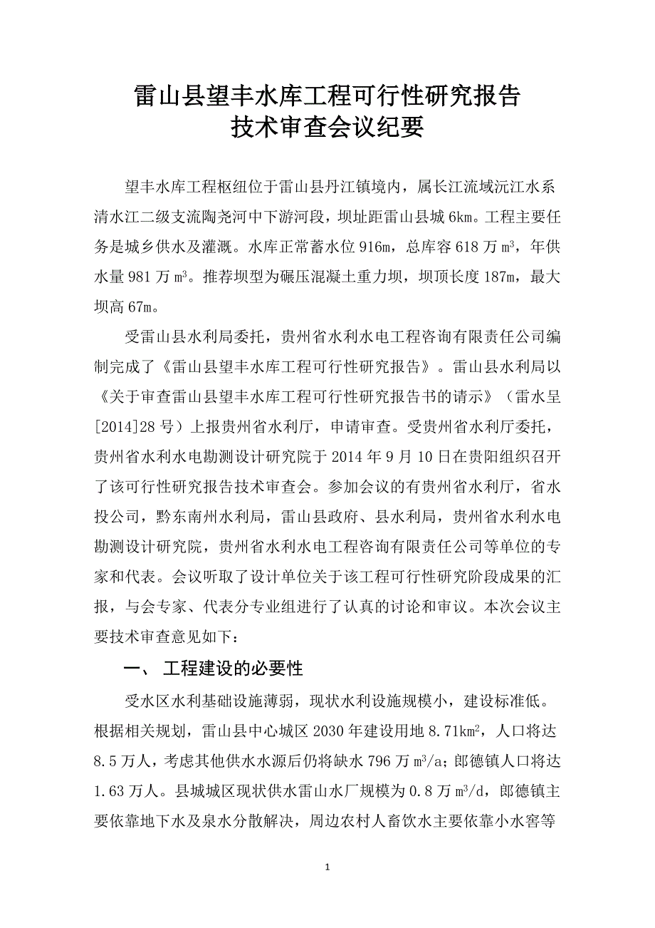 雷山望丰水库工程可行性研究论证报告技术审查会议纪要.doc_第1页