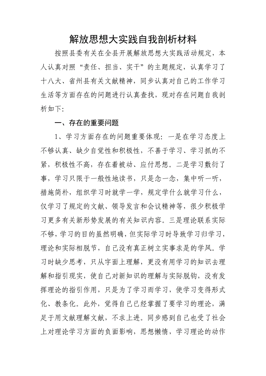 解放思想大实践自我剖析材料_第1页