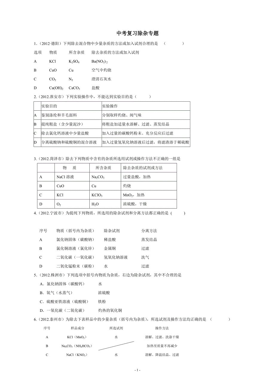 (完整)初中化学、中考除杂专题练习(含答案)-推荐文档.doc_第1页