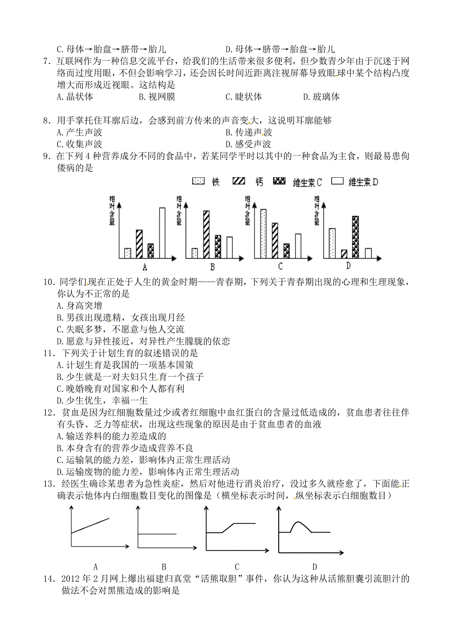 七年级下学期生物期末试题及答案_第2页