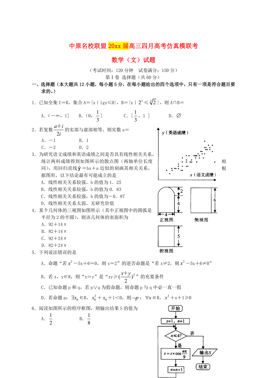 新编河南省中原名校联盟高三数学文4月仿真模拟联考试题及答案_第1页