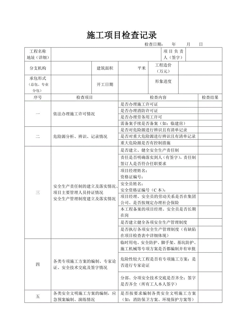 施工项目检查记录、项目检查表、整改反馈记录表_第1页
