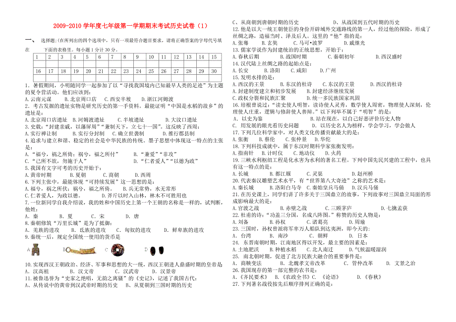 七年级历史第一学期期末考试历史试卷（1） 人教新课标版_第1页