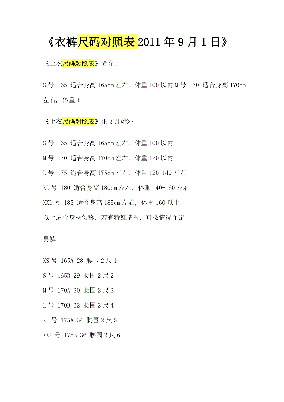 衣裤尺码对照表-----根据身高、体重选择合适的衣服裤子_第1页