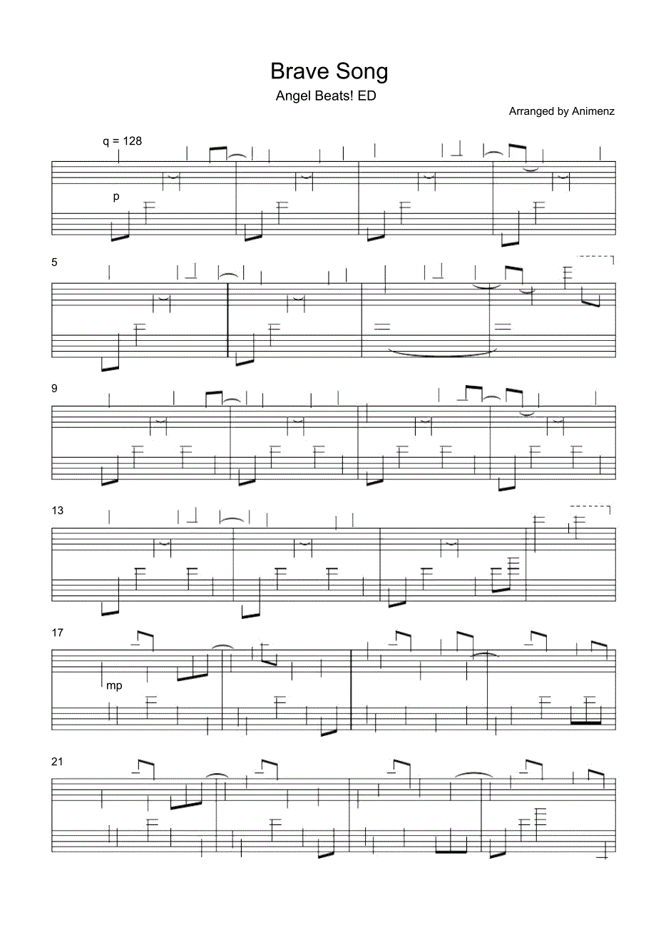 BraveSong(Animenz)原版正谱钢琴谱五线谱乐谱_第1页