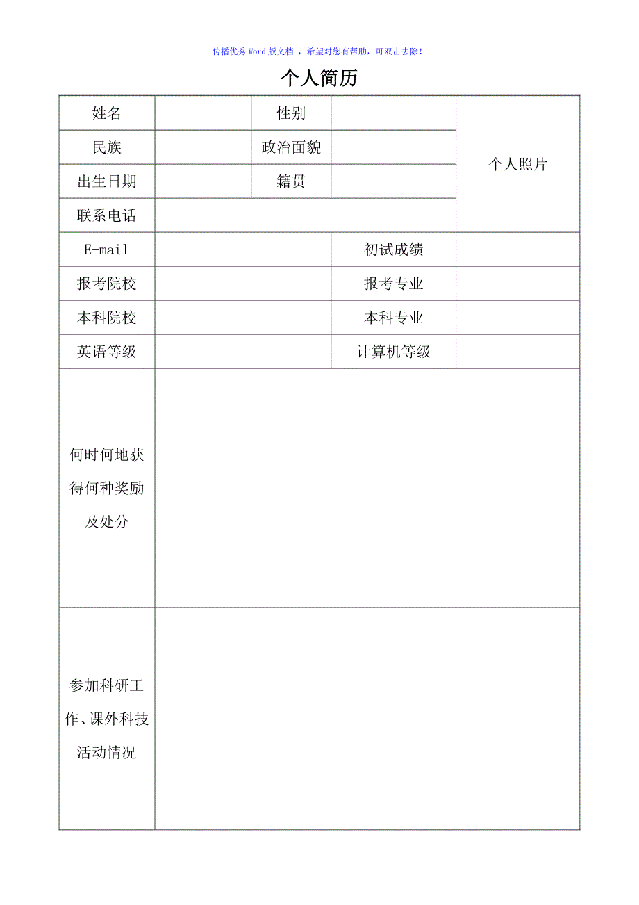 研究生复试个人简历模板word版_第1页